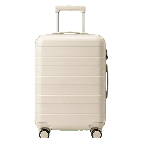 A cream carry-on suitcase