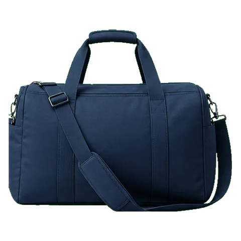 A navy duffel bag