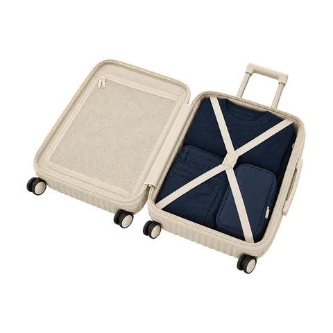 An open suitcase, packed and strapped