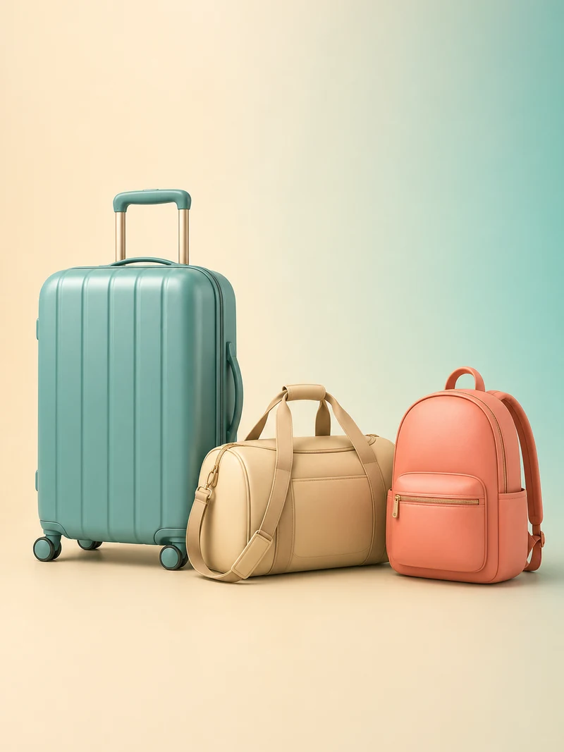 Three soft matte travel bags standing in a row: a tall teal wheeled suitcase, a sand-coloured duffel and a coral backpack