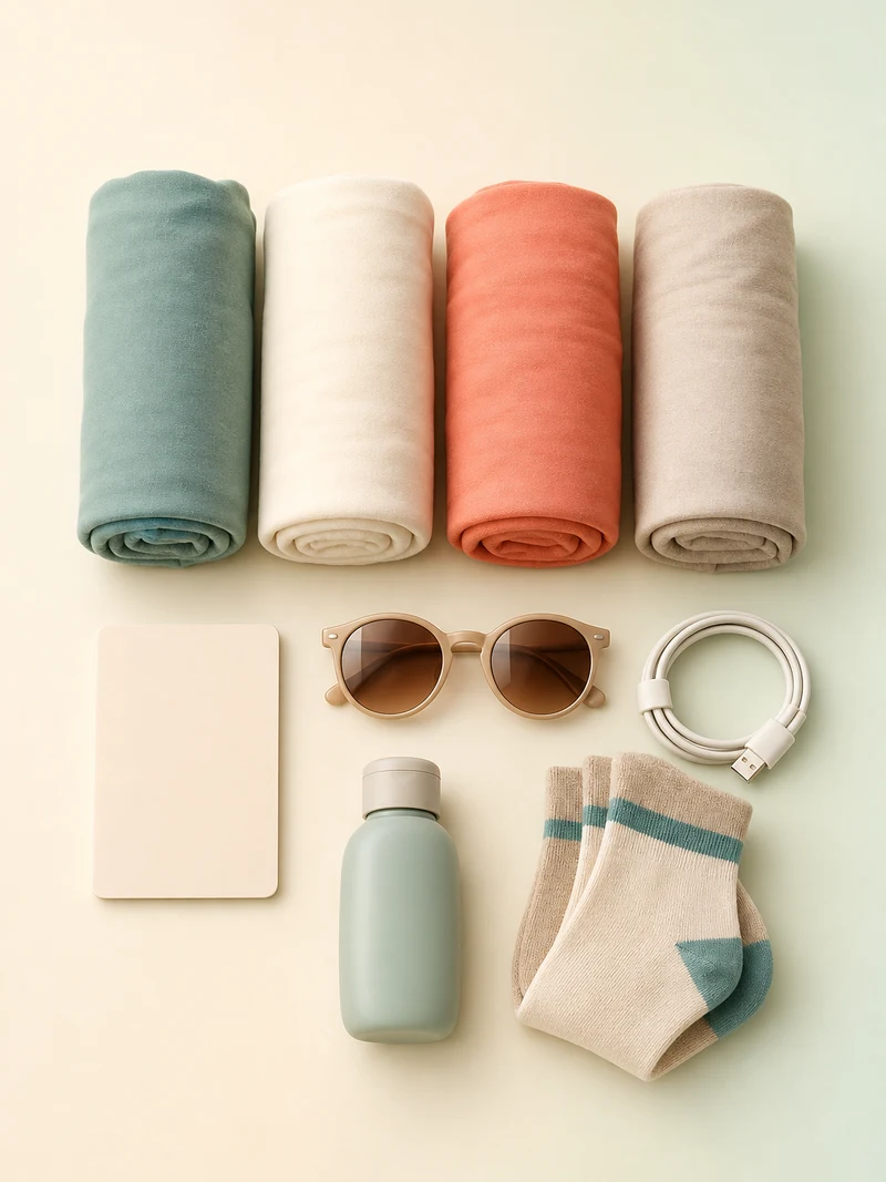 A flat lay seen from above of travel items in tidy rows on a cream surface: rolled garments in teal, cream, coral and sand, a plain card, sunglasses, a coiled charger cable, a small bottle and folded socks