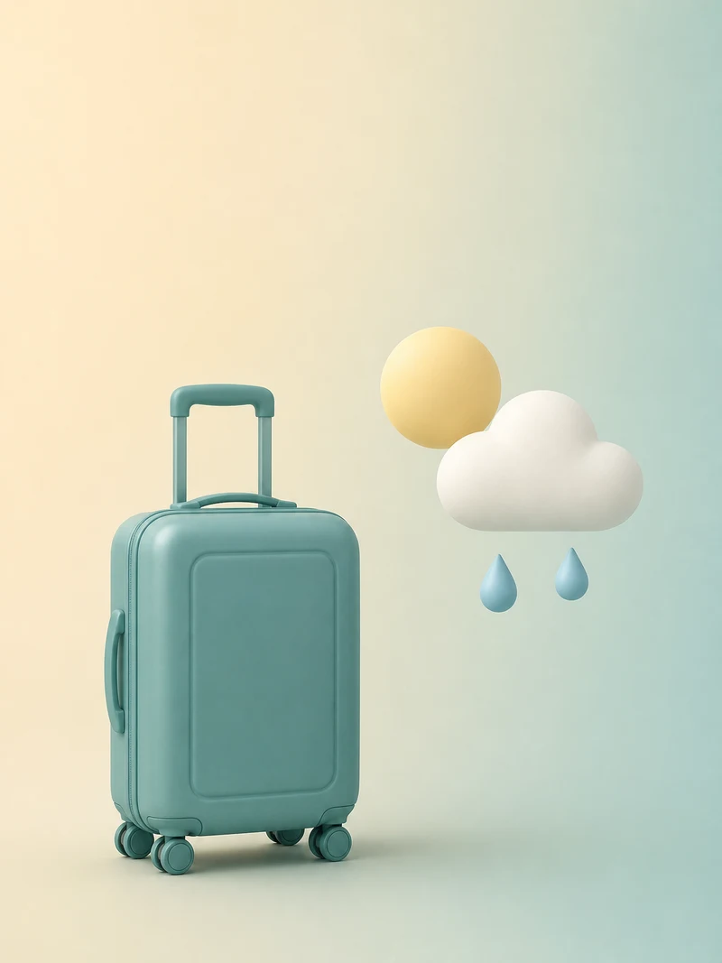 A soft matte teal cabin suitcase standing beside a small floating cluster of simple weather shapes: a plain sun, a soft cloud and two blue raindrops
