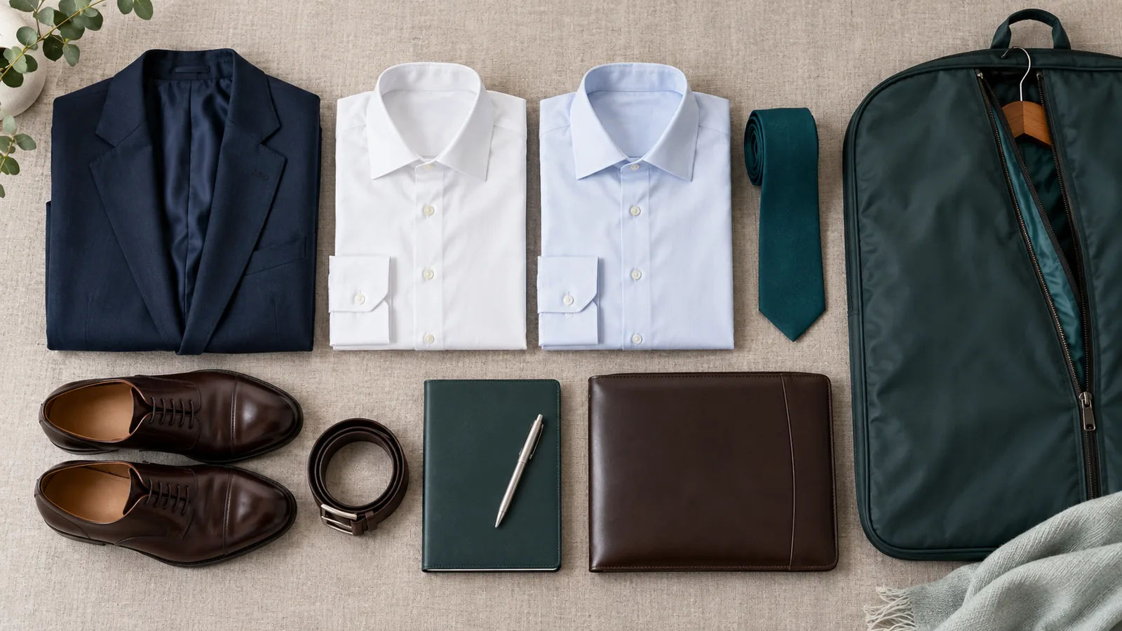 A business trip packing list laid out on grey linen: a navy blazer, white and pale blue shirts, a teal tie, polished shoes, a belt, a notebook and pen, a leather folder and a garment bag