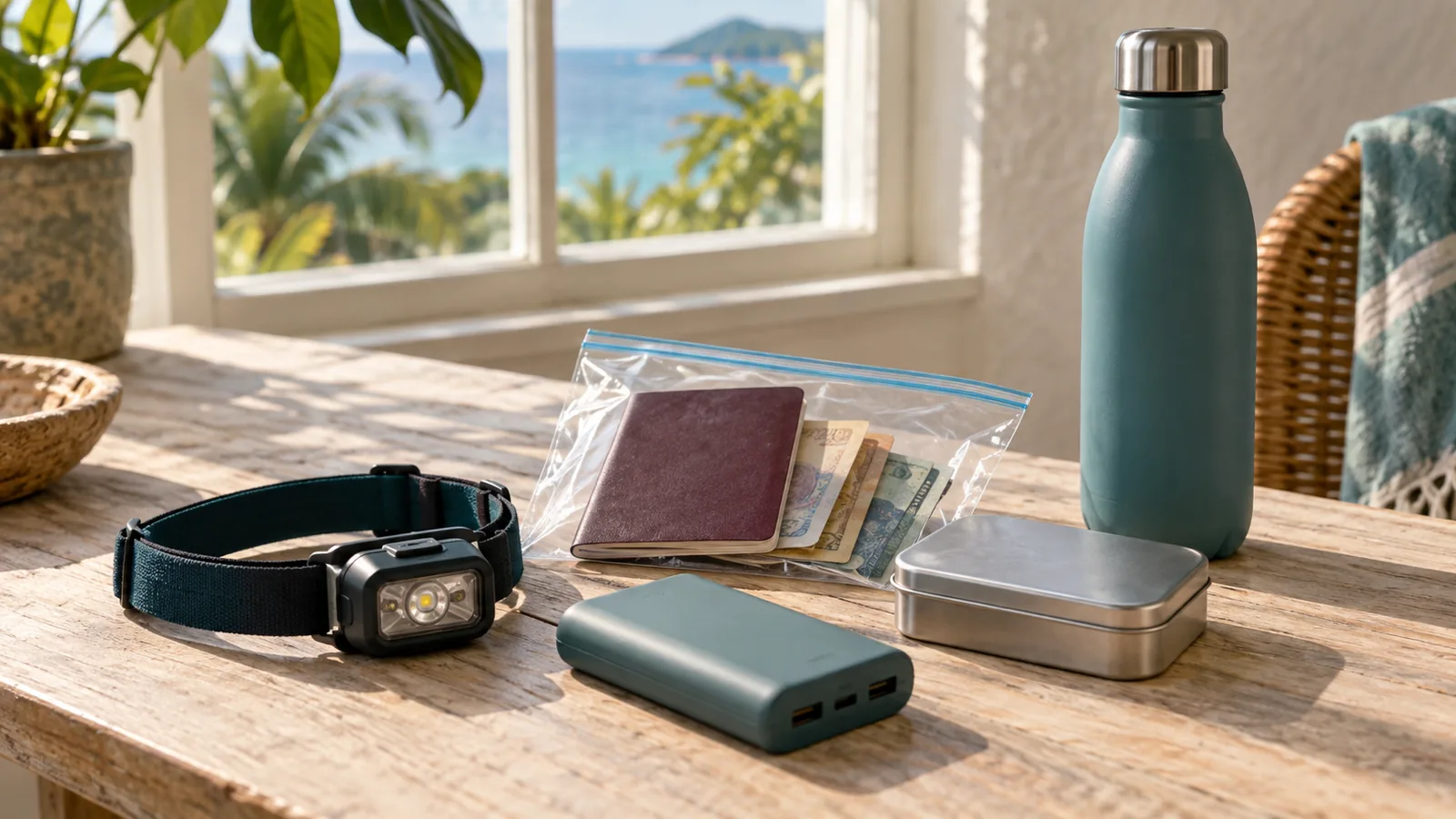 A small storm kit on a wooden table: a head torch, a power bank, a zip bag with a passport and cash, a first aid tin and a water bottle.