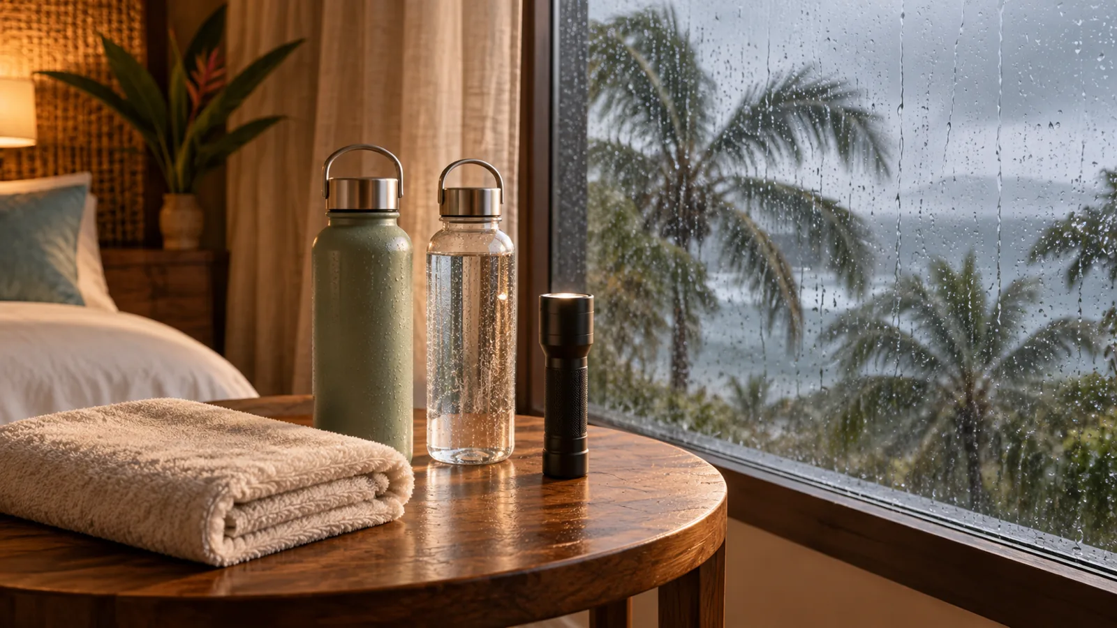 Filled water bottles and a torch on a hotel side table by a rain-streaked window with palms outside.