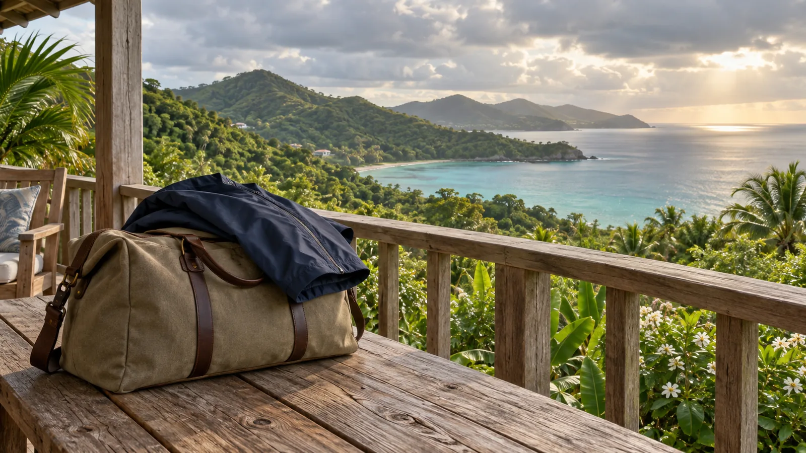 A packed canvas weekender bag and a folded rain jacket on a wooden veranda, with heavy grey clouds over green hills and a calm turquoise sea behind
