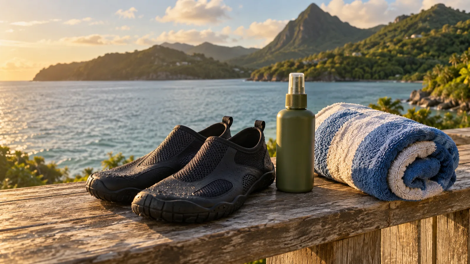 Caribbean island packing list water shoes and insect repellent ready for reef walks and dusk.
