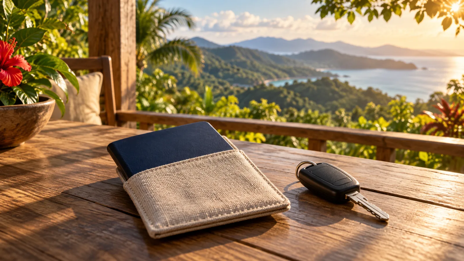 Caribbean island packing list passport pouch and car key ready for getting around the island.