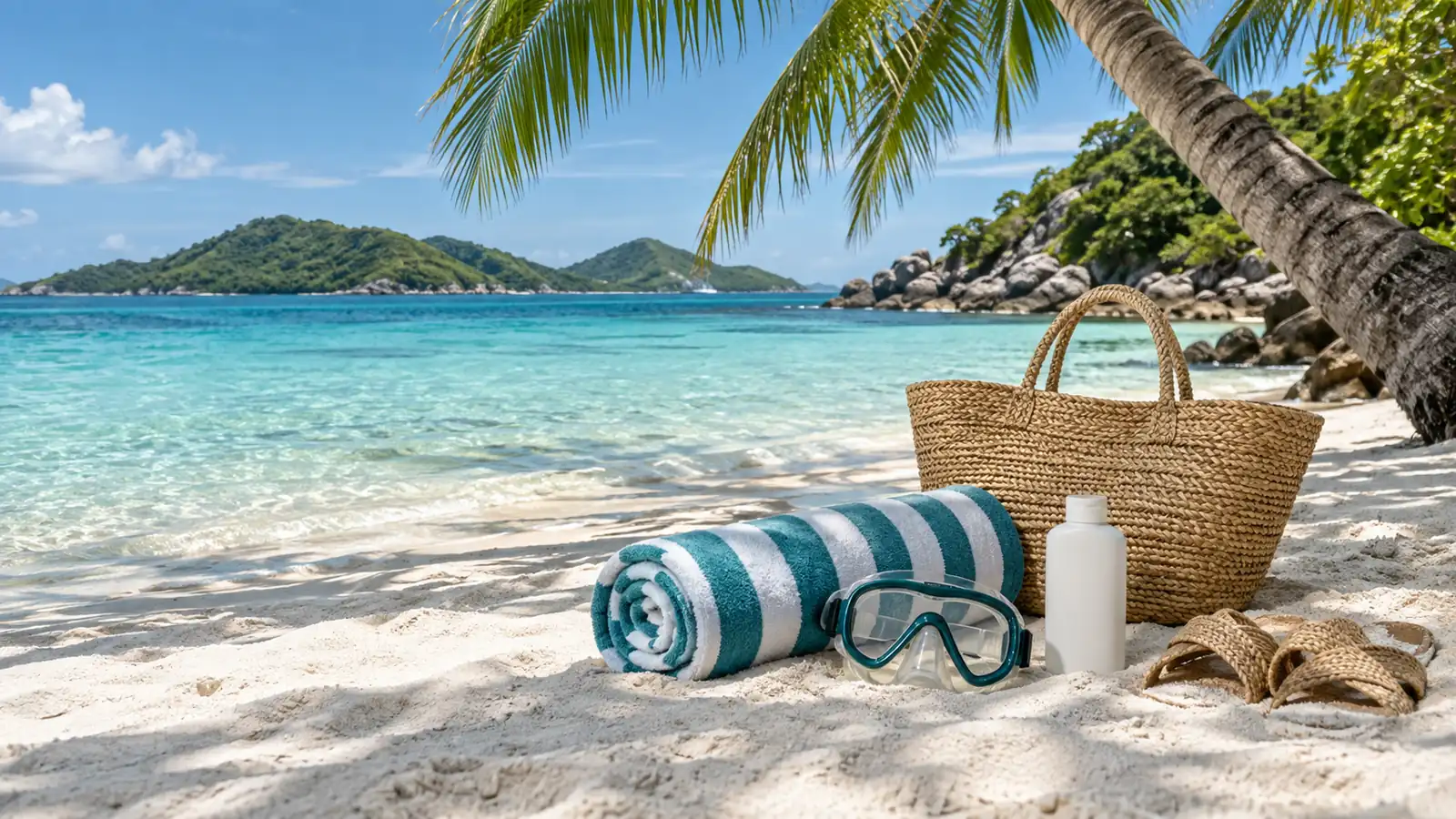 Caribbean island packing list essentials on white sand: a striped beach towel, snorkel mask, water bottle, sandals and a woven straw bag under a palm, with clear turquoise water and green islands behind