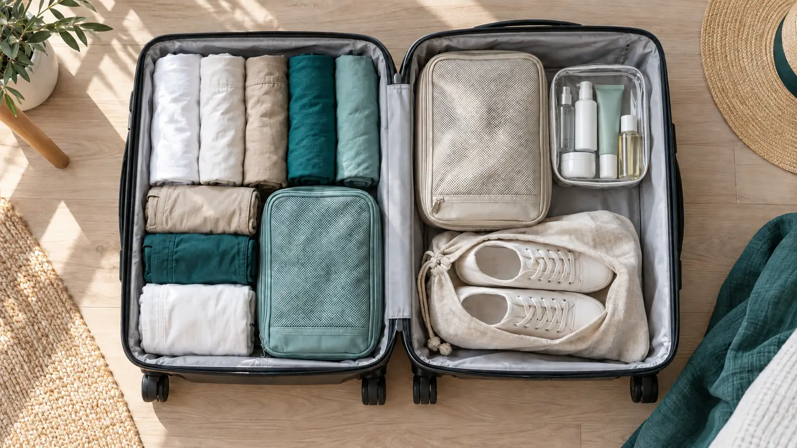 A carry-on packed for a week: an open cabin suitcase on a light oak floor with rolled clothes in white, sand and teal, packing cubes, a clear pouch of travel bottles and a pair of canvas sneakers