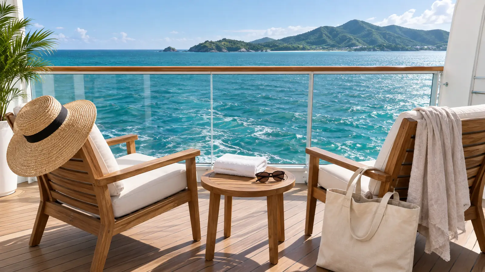 Cruise packing list view from a sunny cabin balcony: two wooden loungers, a straw hat, a folded towel, sunglasses and a canvas tote beside a glass railing above a turquoise sea and green islands