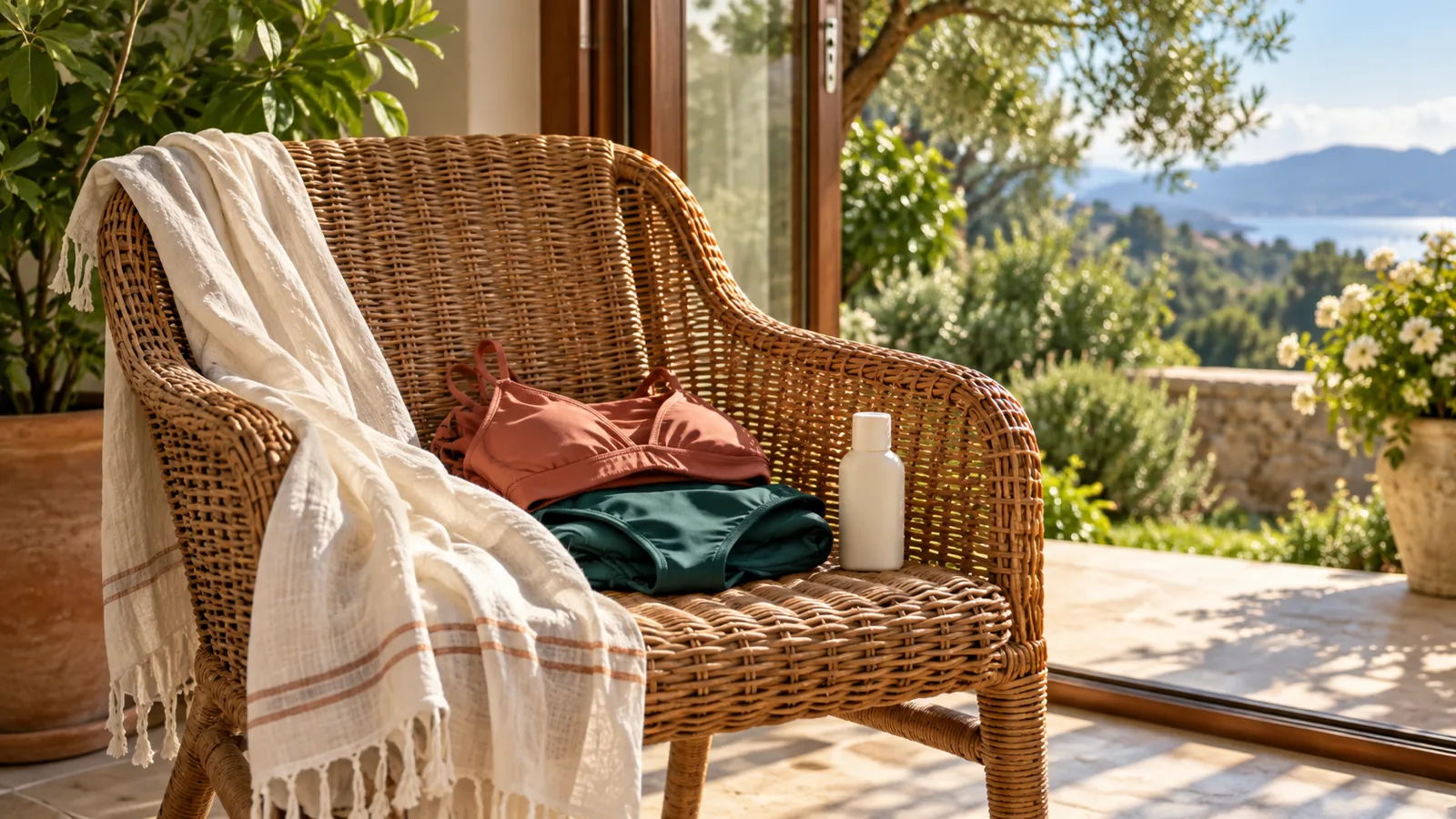 Honeymoon packing list swimsuits and cover up laid out for beach and pool days.