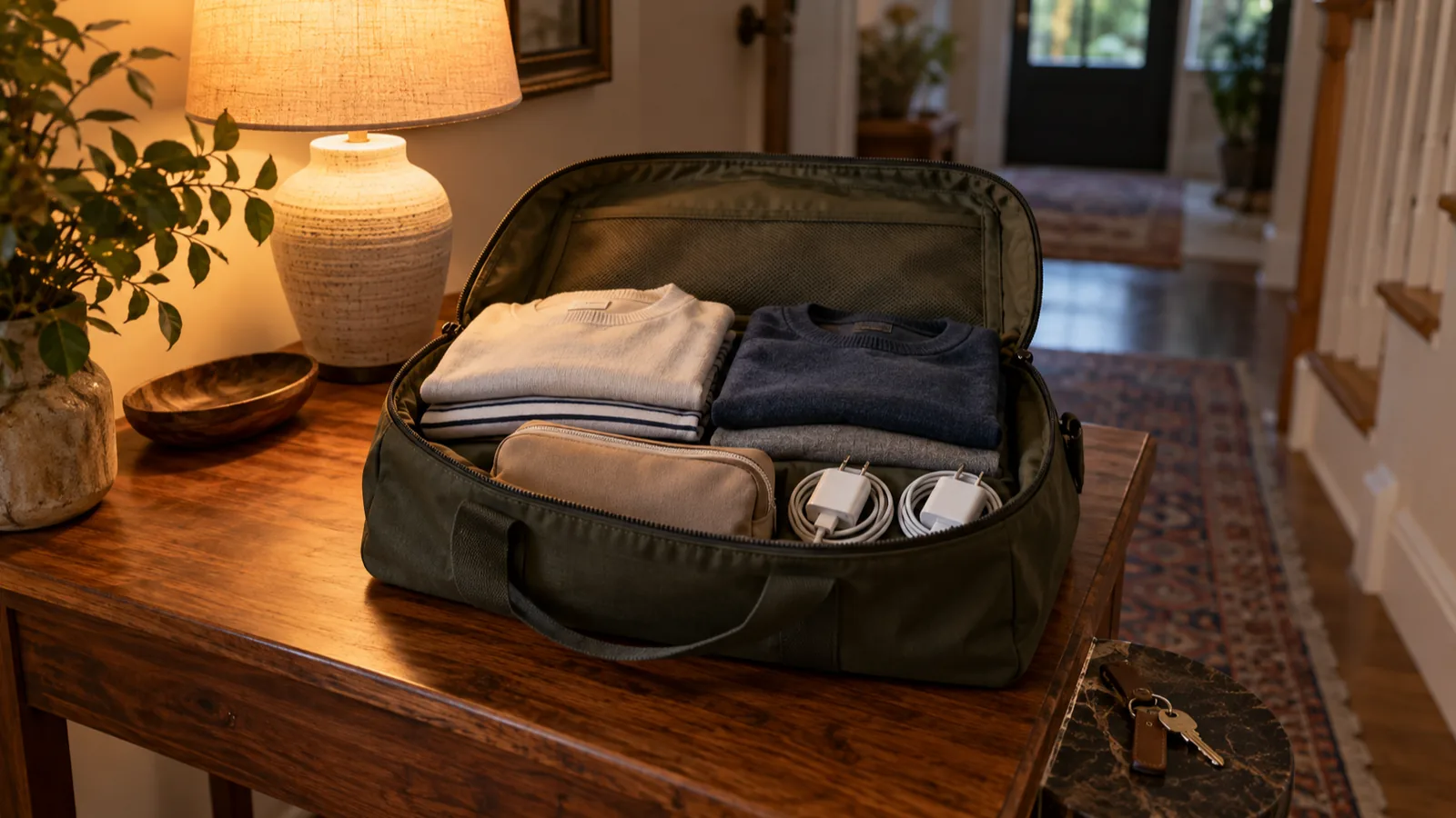 Honeymoon packing list overnight bag with a change of clothes and chargers for the first night.