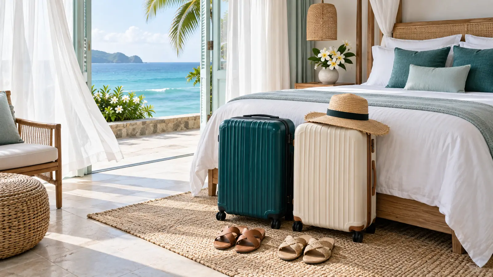Two suitcases packed from a honeymoon packing list, one teal and one cream, by a white bed in a sunny resort room open to the sea, a straw hat on one and sandals on a jute rug