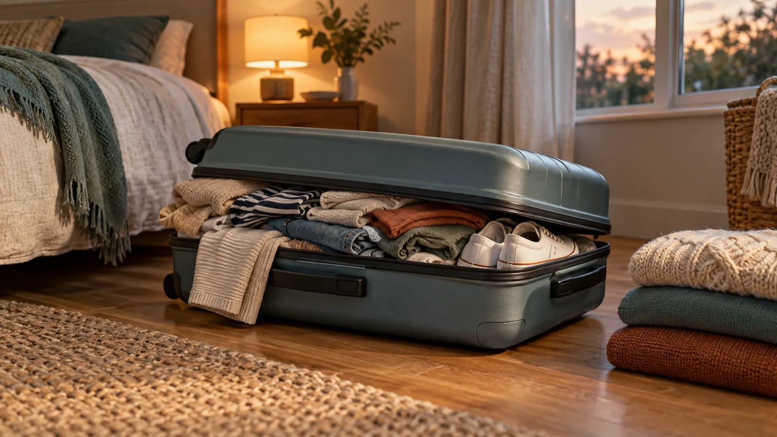 An overstuffed suitcase that will not close, with clothes and spare shoes bulging out of the gap.