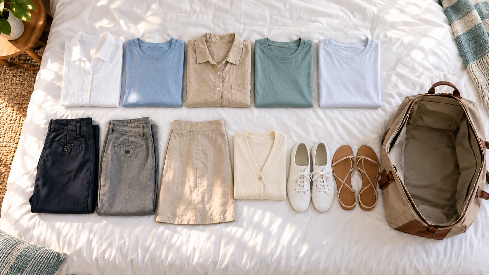 A week of clothes laid out on a white bed: five folded tops, two pairs of trousers, a skirt, a cardigan and two pairs of shoes beside an empty weekender bag
