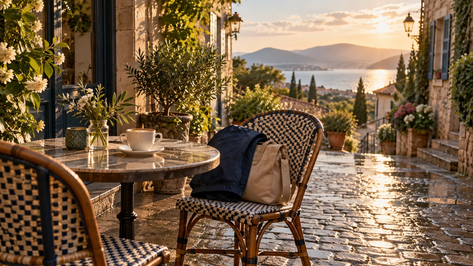 A cafe table on a wet cobbled street in fresh sun, with a folded navy rain jacket and a day bag on a chair.