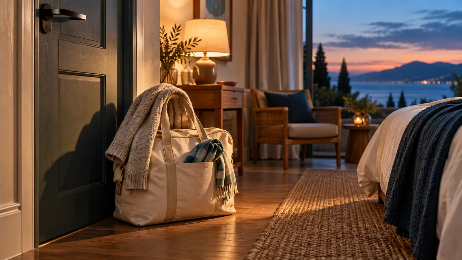 A cabin bag by a hotel door at dusk with a grey jumper over the handle and a scarf in the pocket.