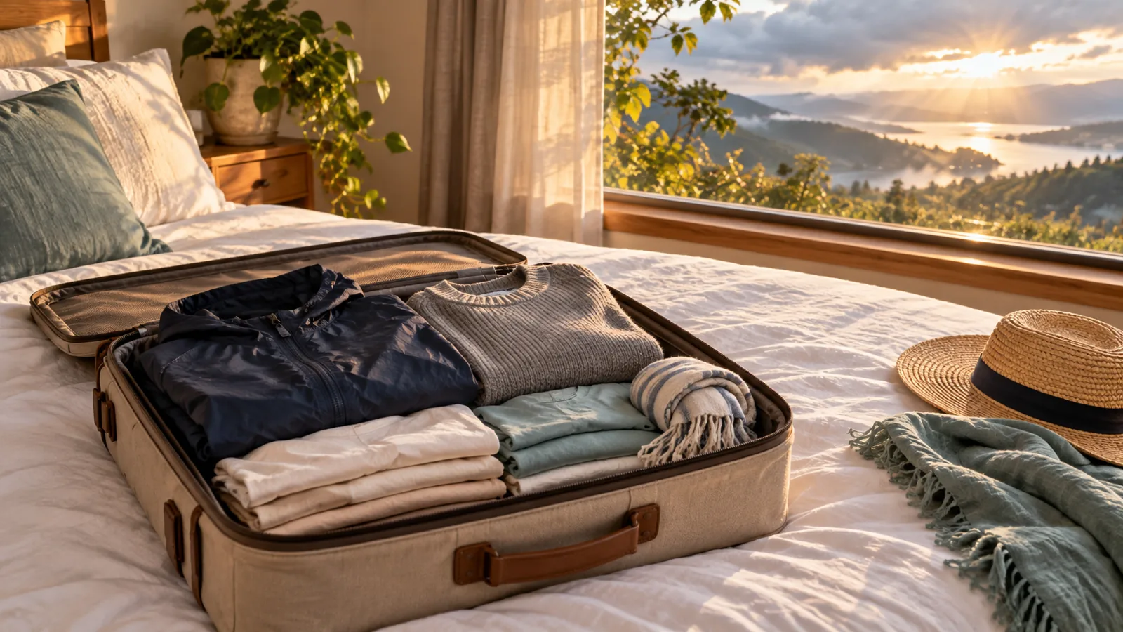 An open suitcase packed in thin layers, a folded navy rain jacket, a grey jumper, light tops and a scarf, ready for changing weather