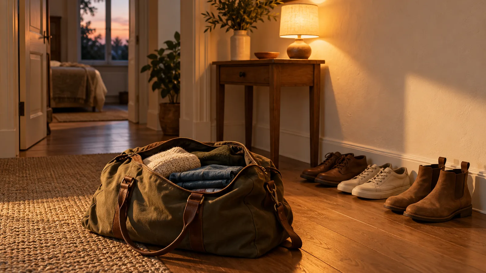 An open duffel bag on a hallway floor beside a row of shoes and a lit lamp in warm evening light