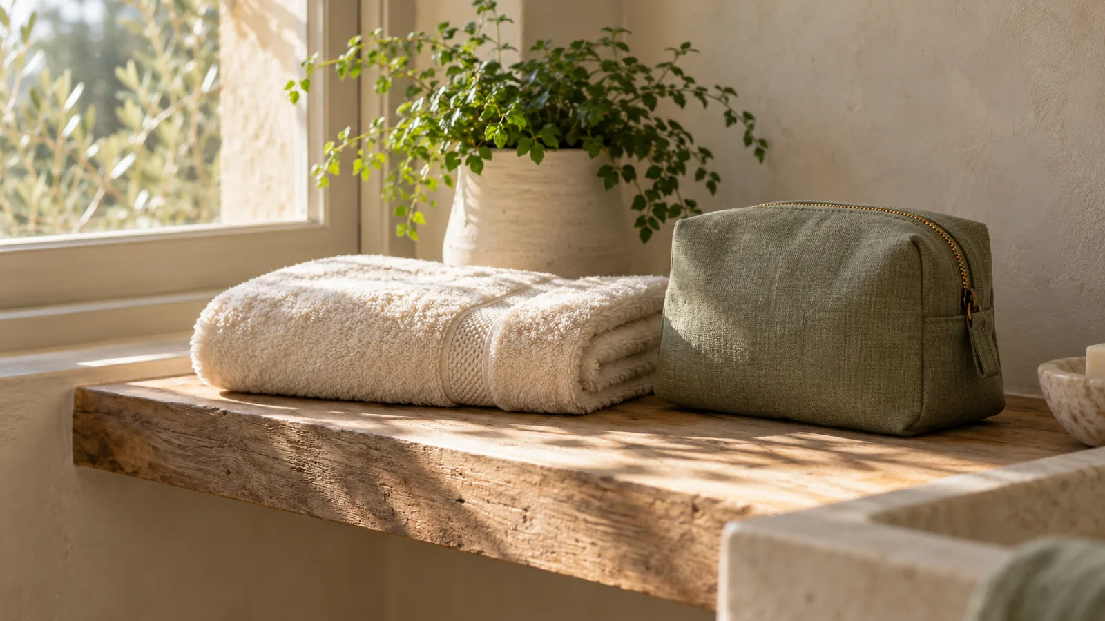 A bathroom shelf with a folded towel, a zipped wash bag and a plant beside a window in morning light