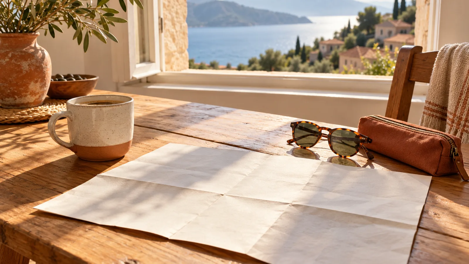 A mug, a folded blank map, sunglasses and a zipped pouch on a wooden table by a window in morning light