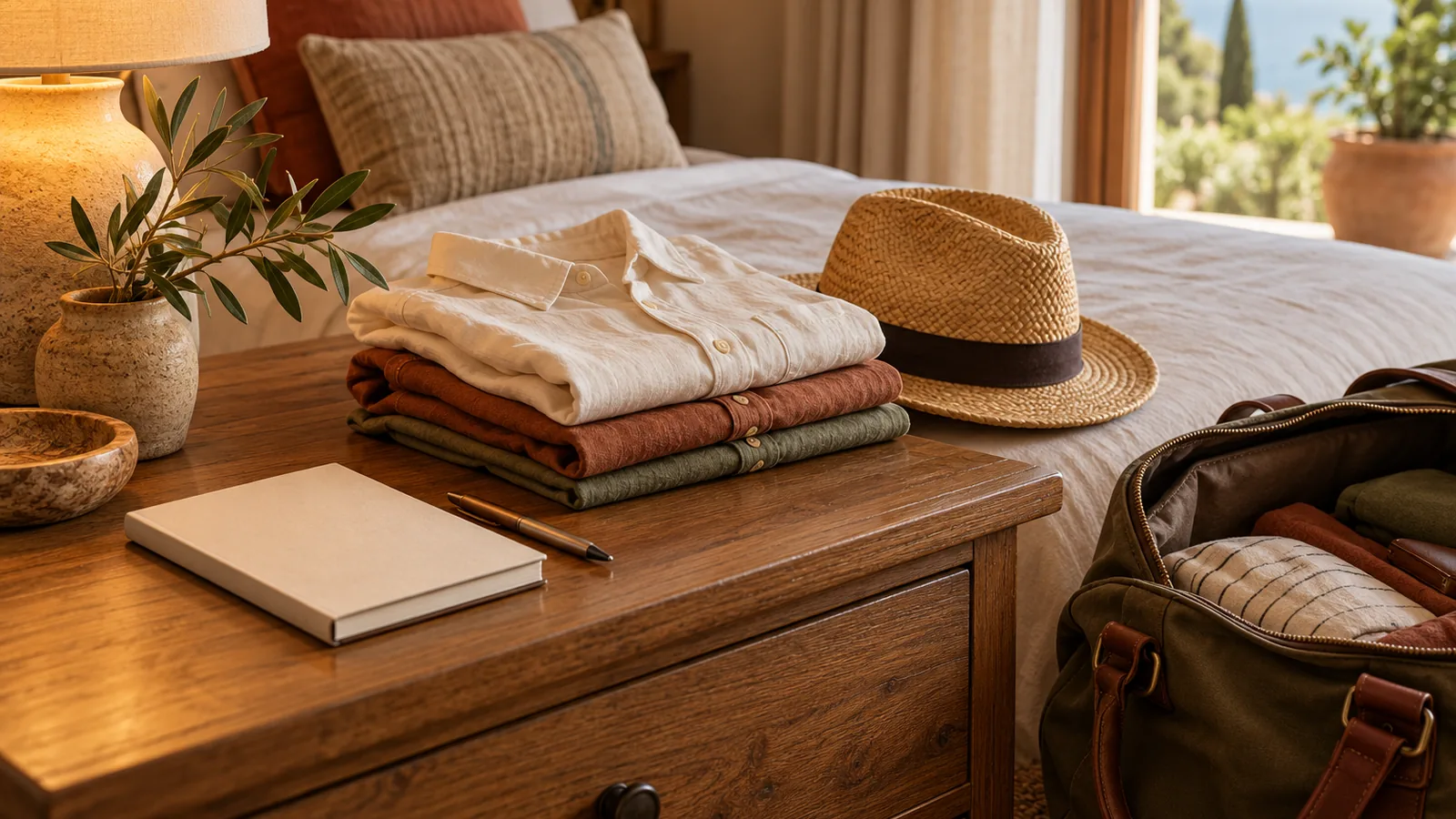 A closed notebook and pen on a bedside table beside folded shirts, a straw hat and an open duffel bag