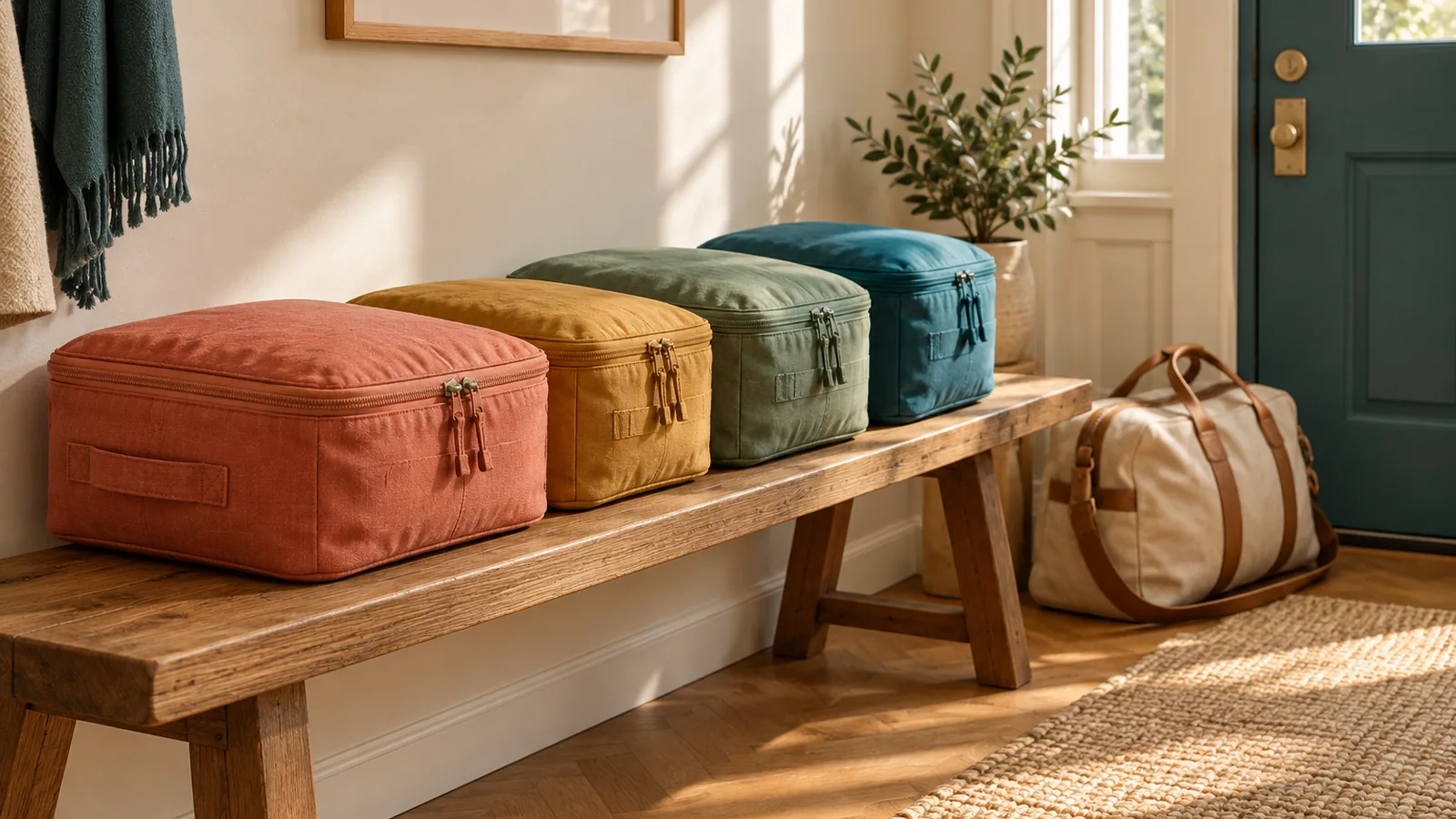 Packing cubes in a row on a wooden hallway bench beside a canvas bag