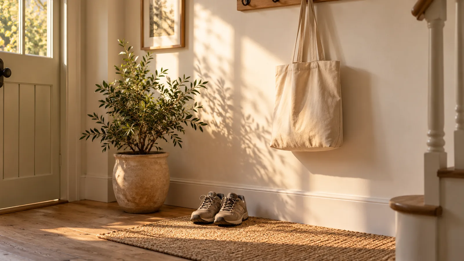 A canvas tote bag on a coat hook above walking shoes on a woven mat in late afternoon light