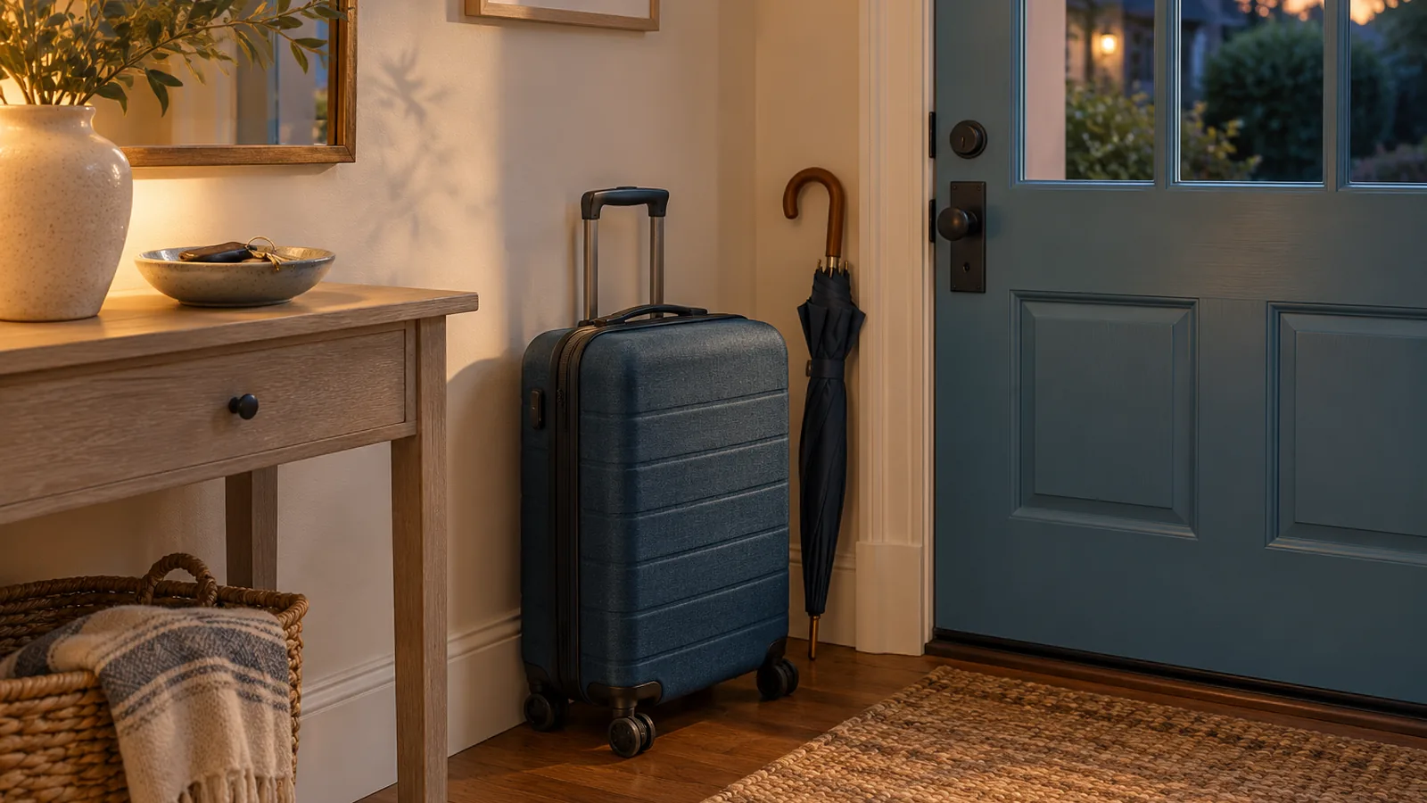 A closed cabin suitcase by a front door with a folded umbrella and a key bowl on a console table in evening light