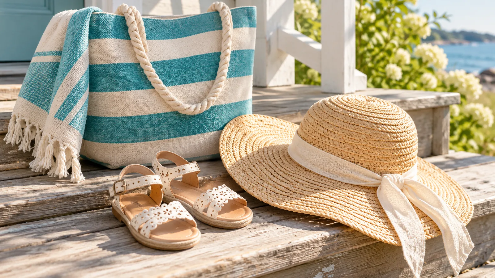 Children's sandals and a sun hat beside a striped beach bag on a wooden porch step