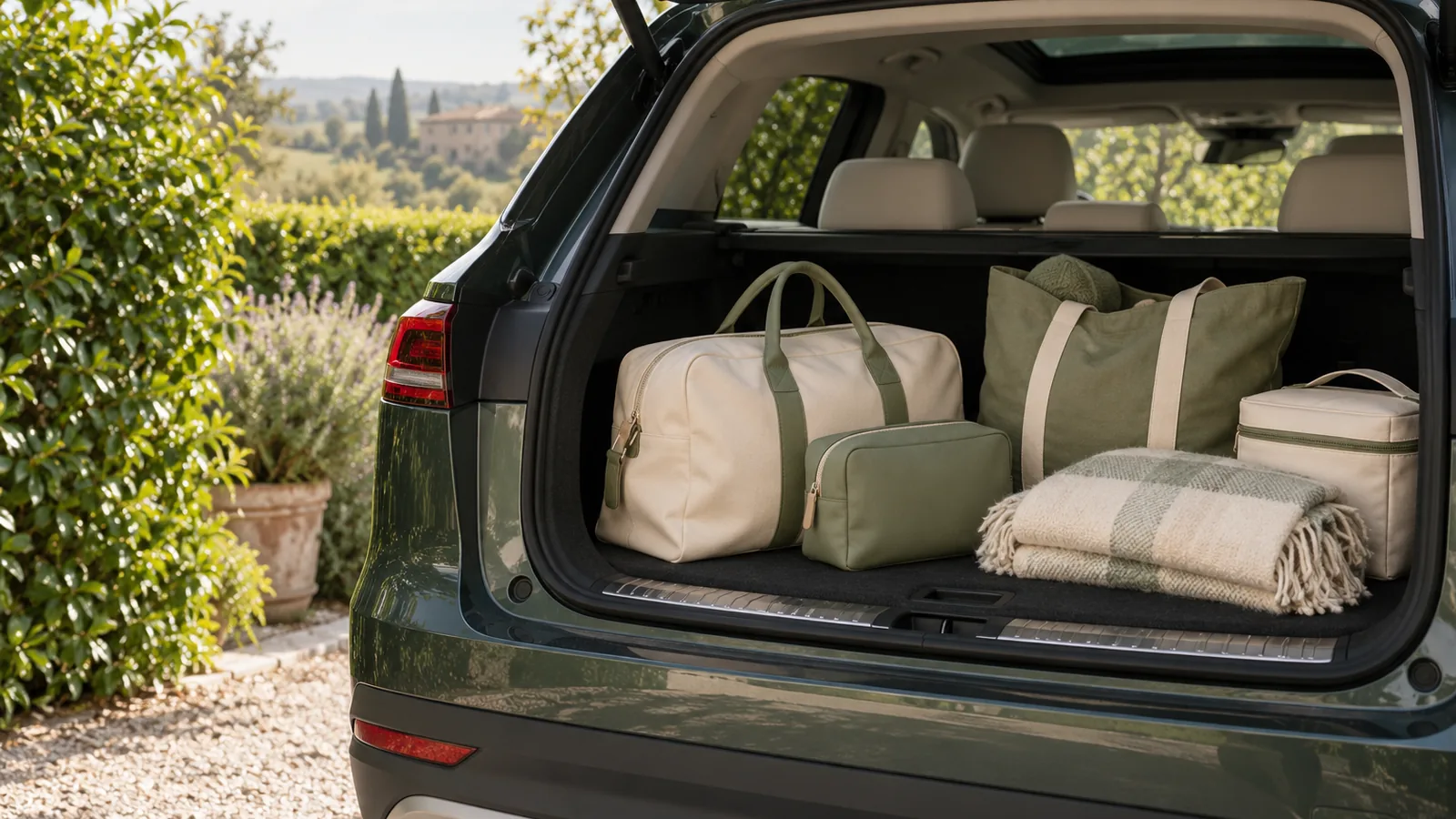 The open boot of a car beside a hedge with bags and a folded blanket loaded neatly inside