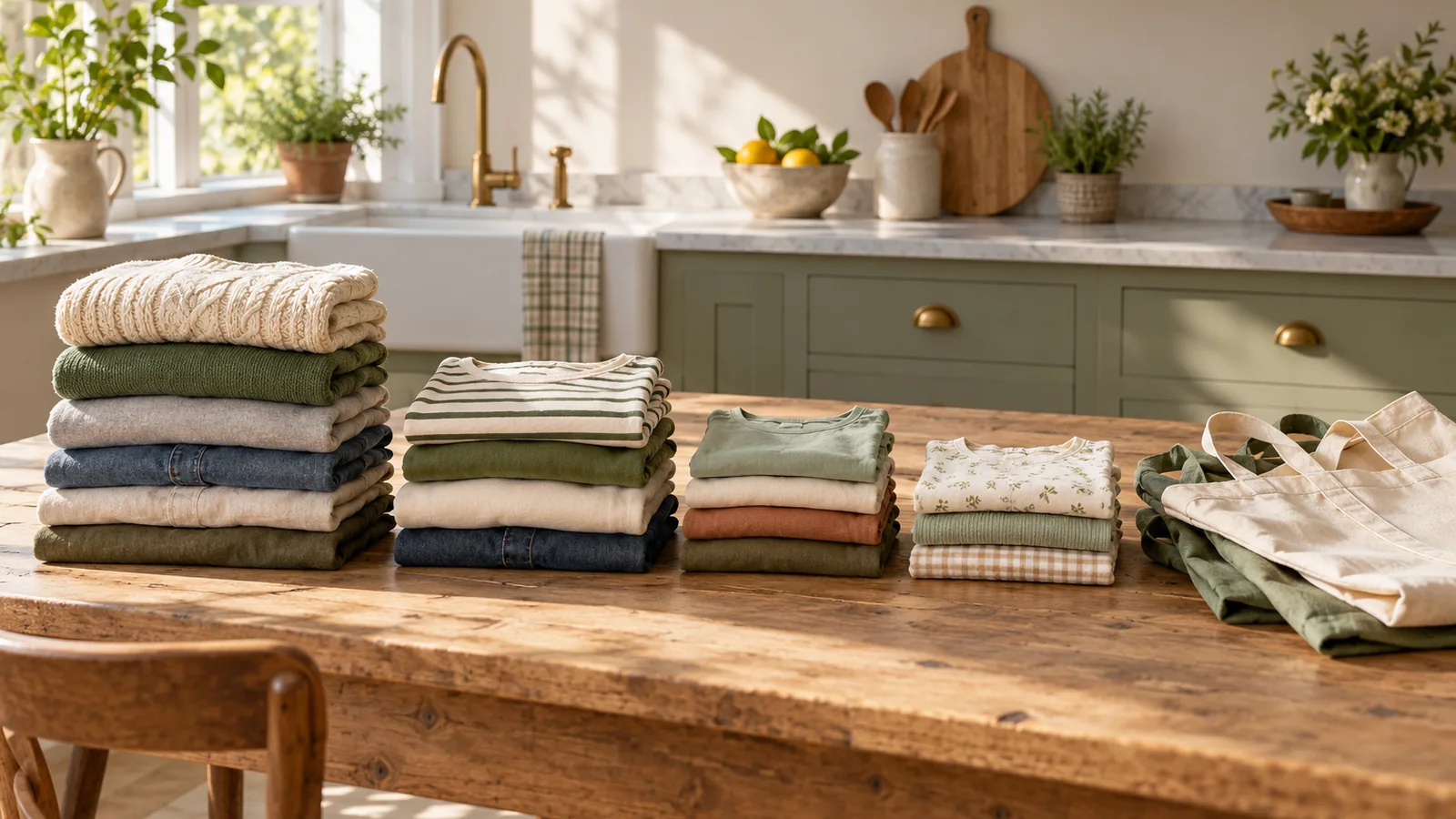 Four stacks of folded clothes in different sizes on a kitchen table beside a pile of empty bags in morning light