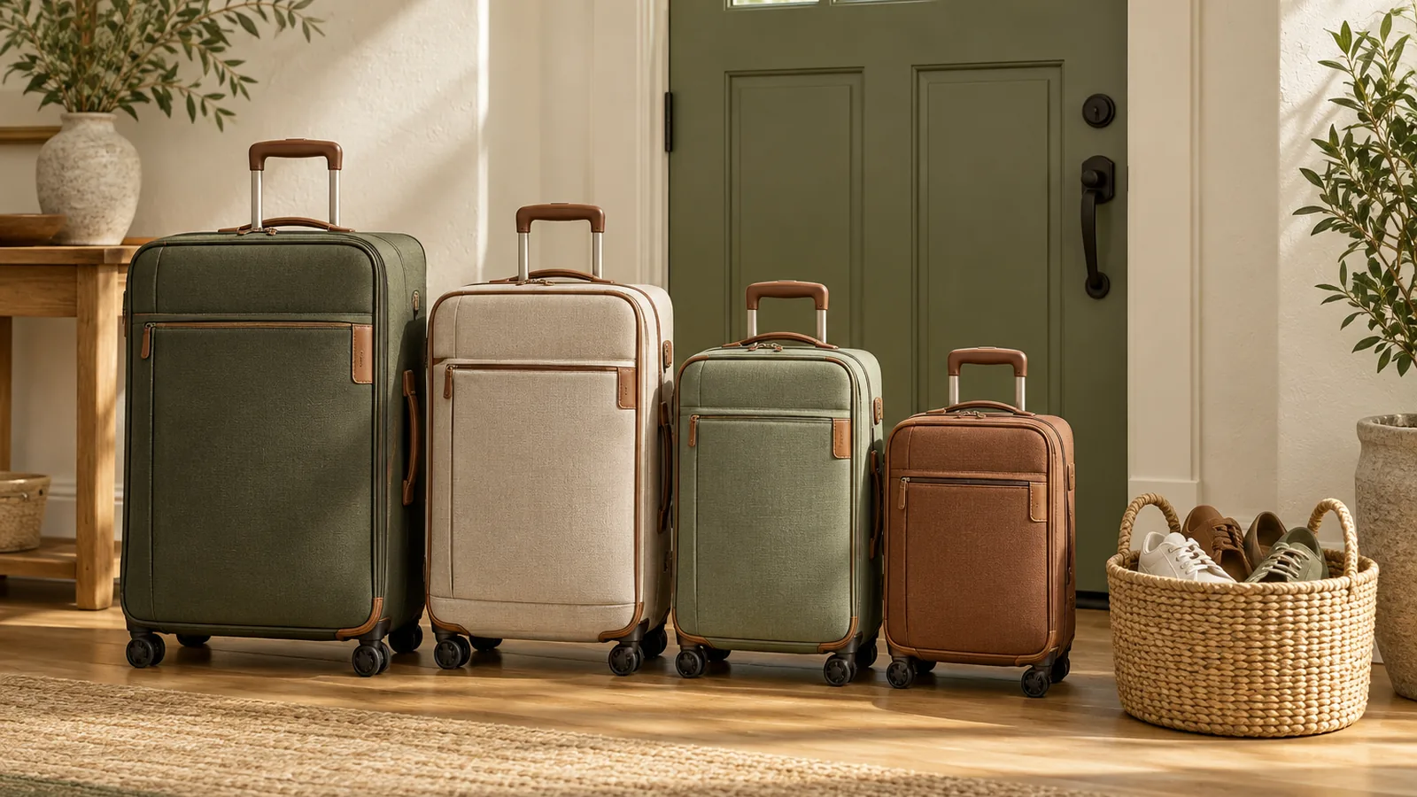 Four suitcases of different sizes lined up by a front door in soft morning light