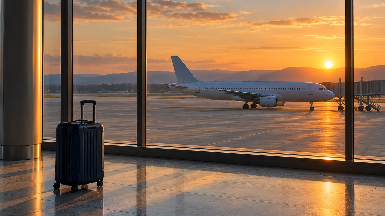 A parked aeroplane seen through an airport window at golden hour with a cabin bag on the floor