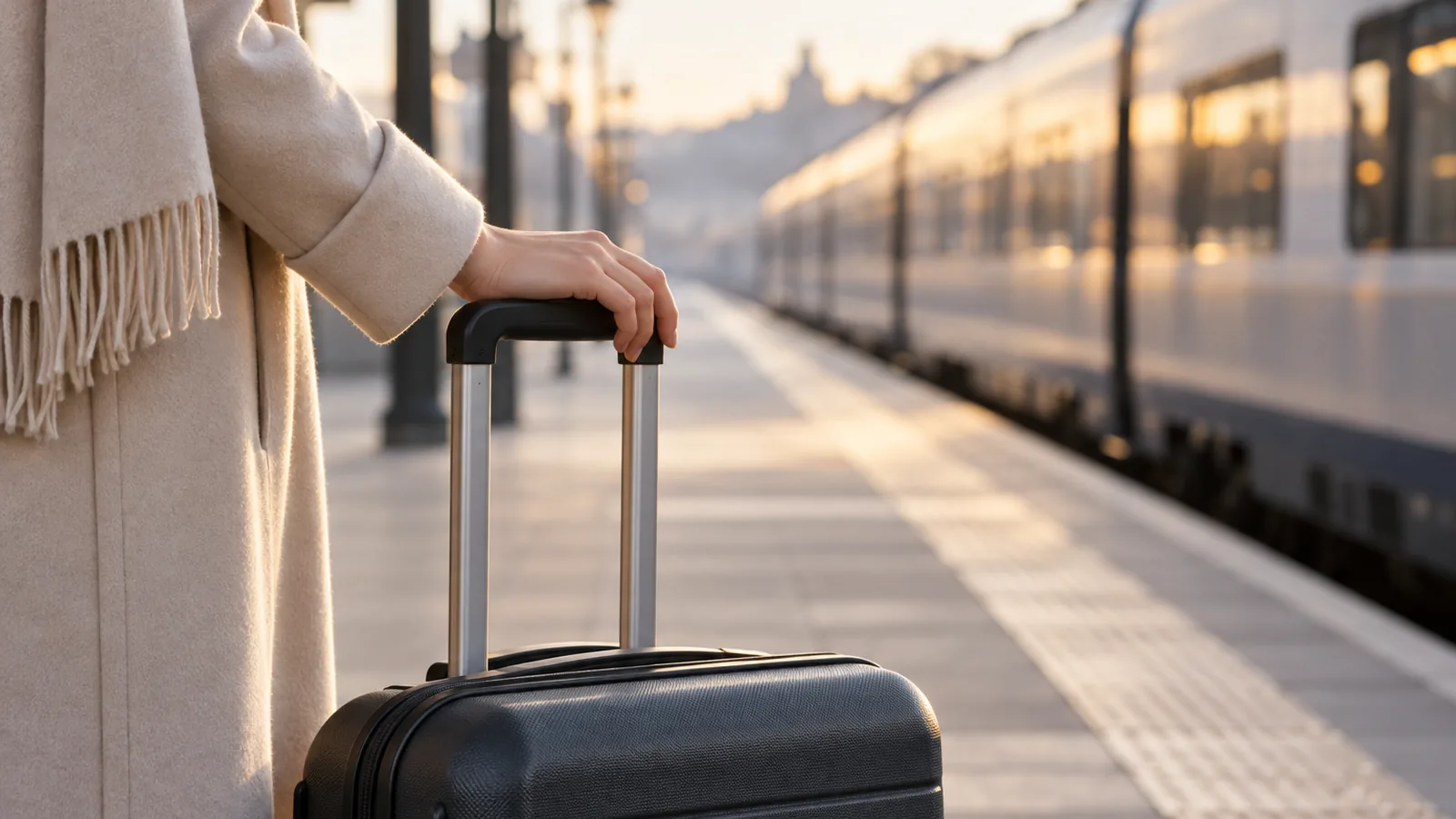A hand on the handle of a rolling suitcase on a quiet station platform in early light