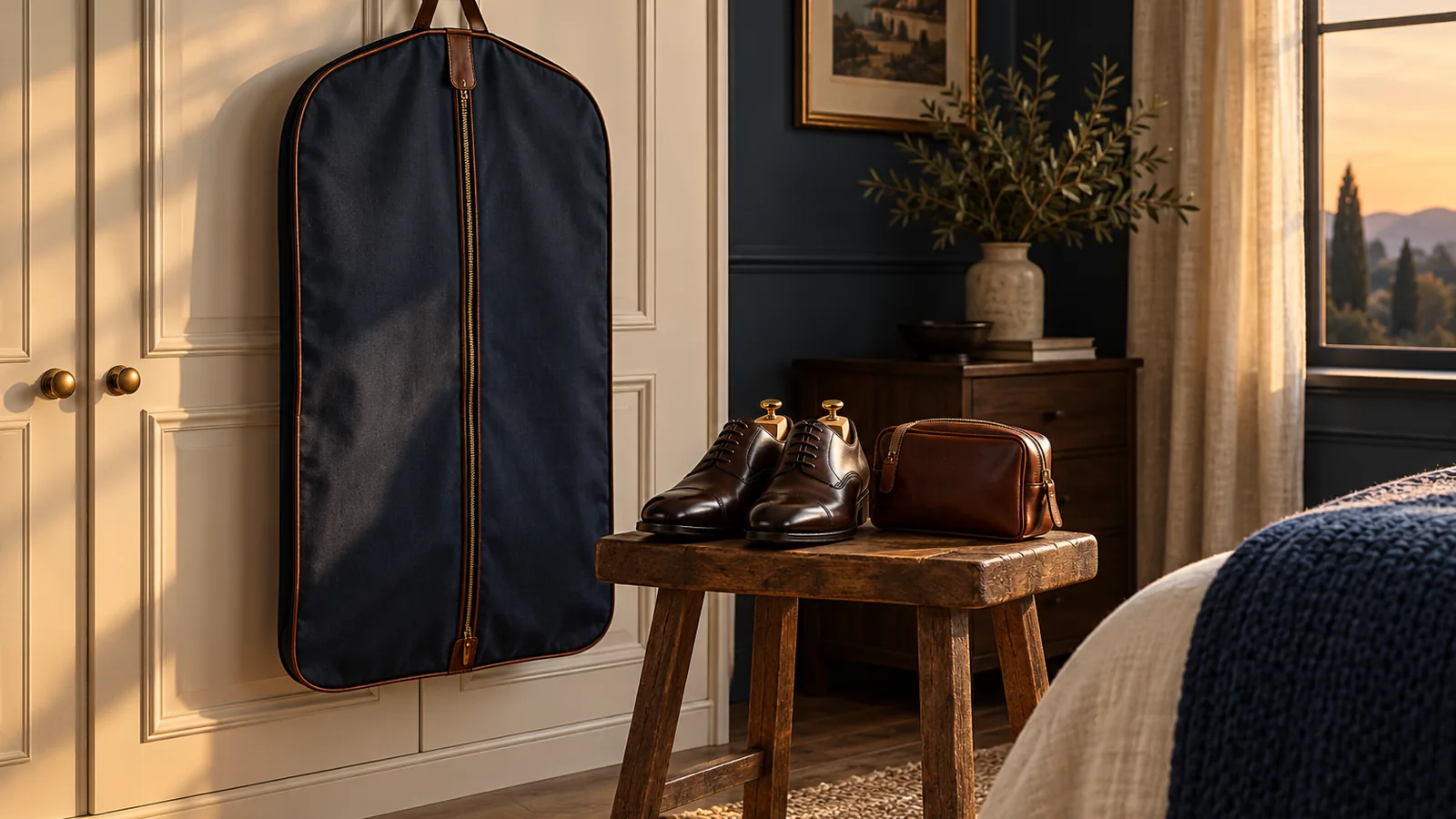 A garment bag on a wardrobe door beside polished shoes and a leather pouch on a stool in evening light