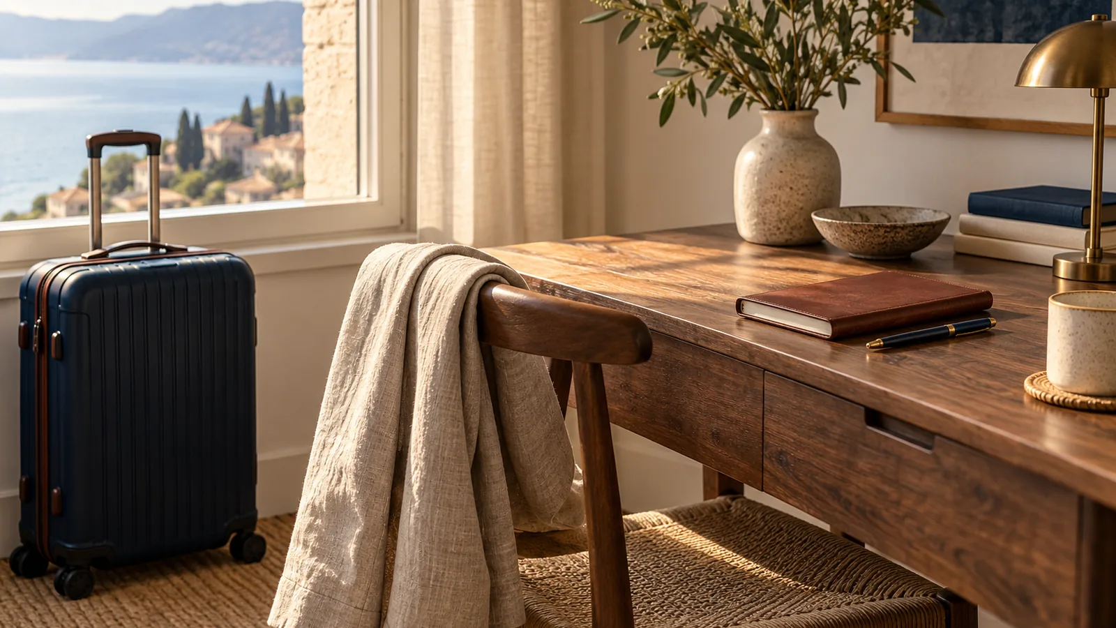 A cabin suitcase beside a desk with a closed notebook and a folded jacket on a chair in morning light