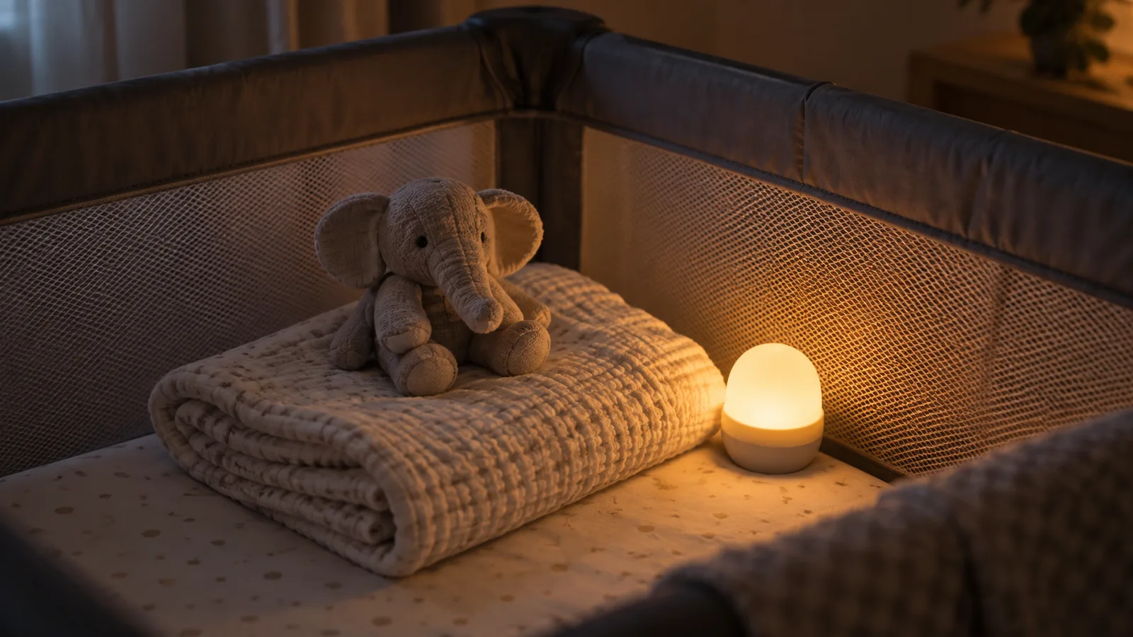 Baby and toddler packing list travel cot with a folded blanket and toy elephant for familiar bedtime.