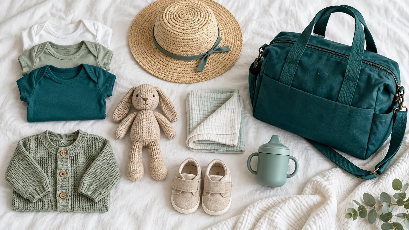Baby and toddler travel things laid out on a white blanket: small folded onesies and a cardigan in white, sage and teal, a knitted toy rabbit, a sun hat, a muslin cloth, tiny shoes, a sippy cup and a teal changing bag