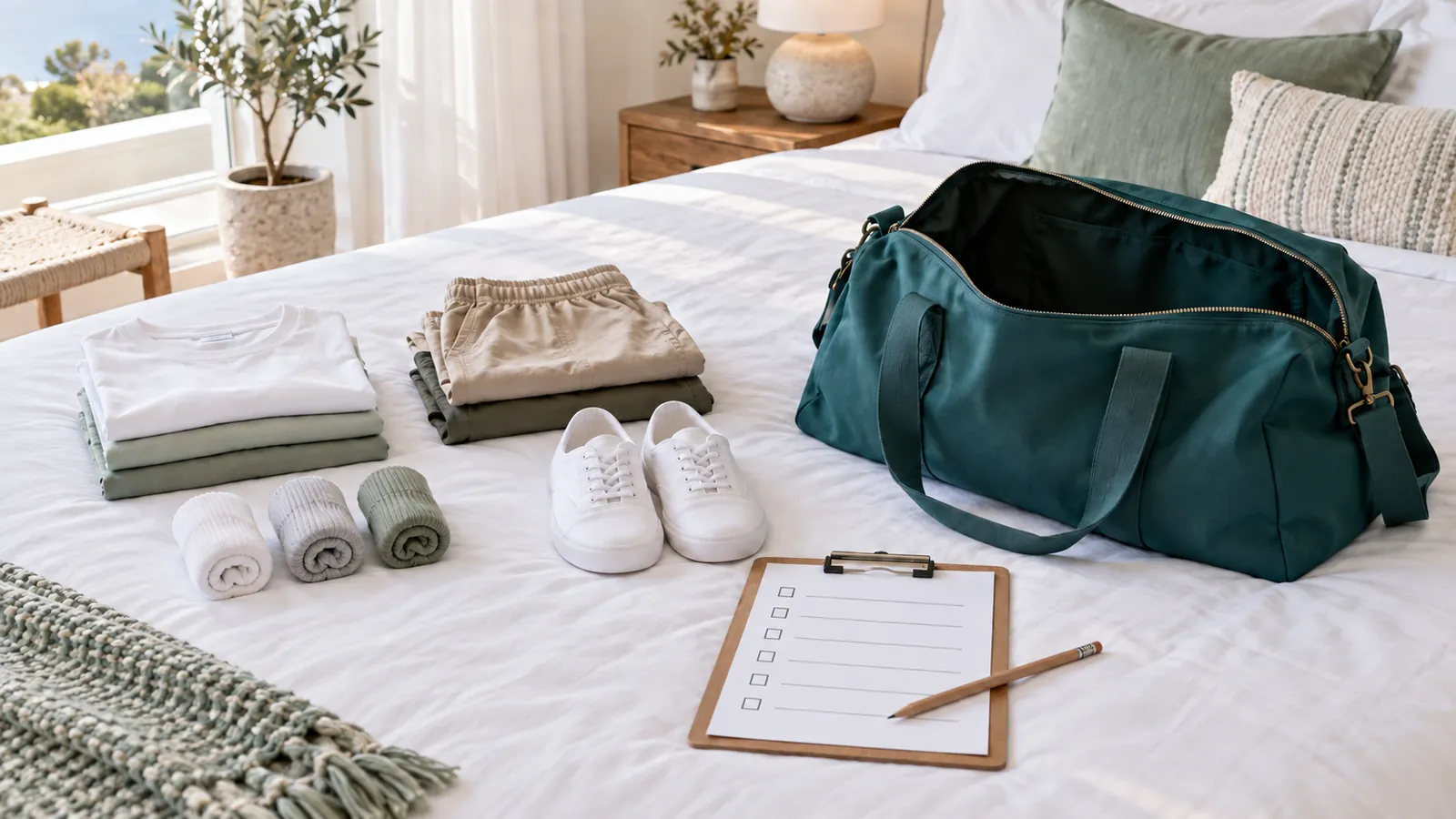 A packing list maker checklist on a clipboard beside counted stacks of folded t-shirts, shorts, rolled socks and white sneakers, next to an open teal duffel bag on a bright white bed