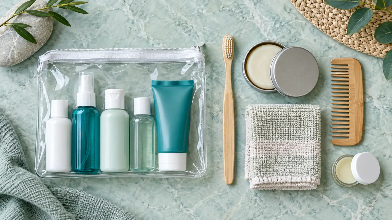 Toiletries packed for a carry-on: a clear zip pouch of small unlabelled travel bottles beside a bamboo toothbrush, a shampoo bar in a tin, a face cloth, a wooden comb and a small jar, on pale green stone