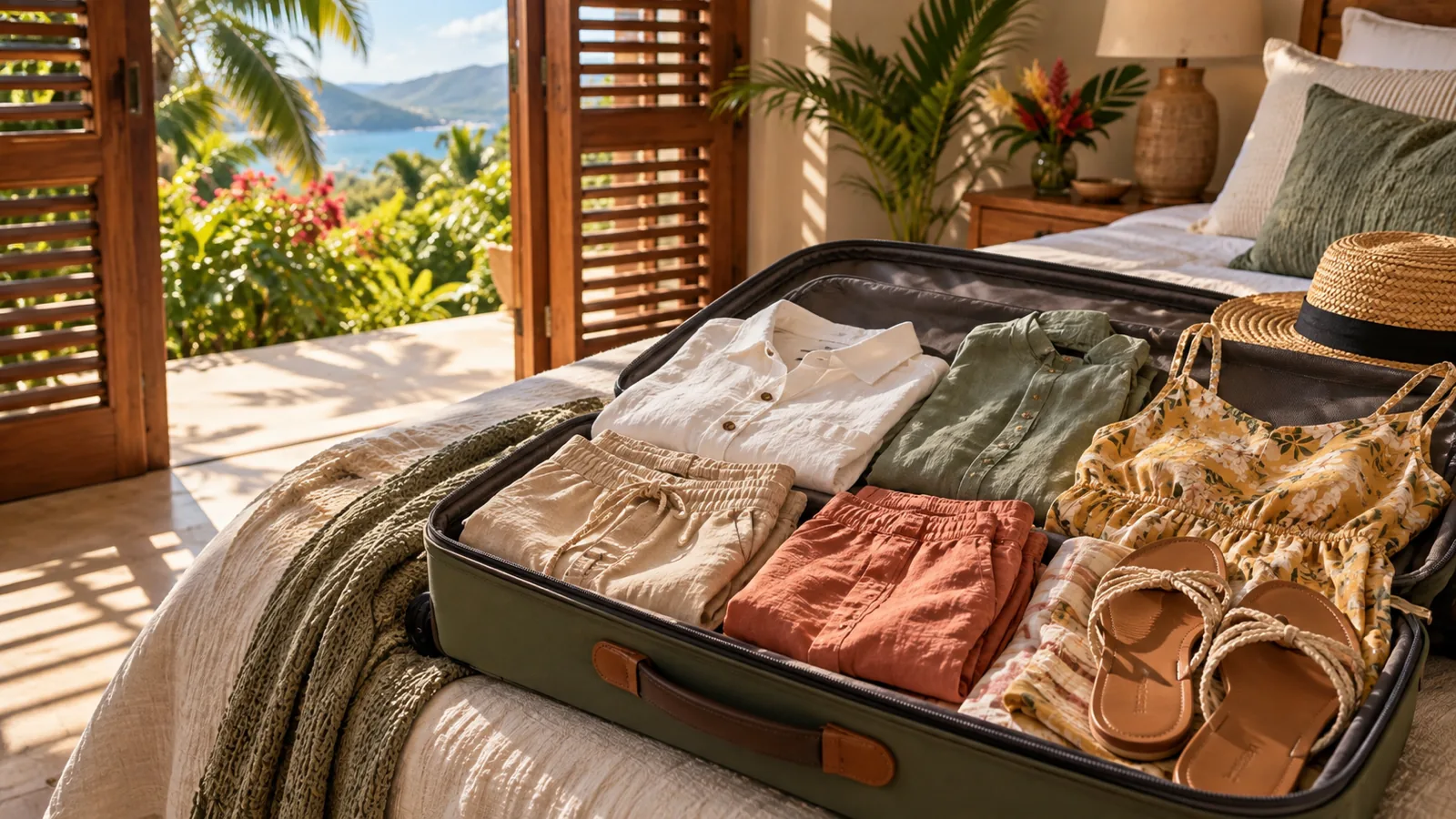 An open suitcase on a bed packed with linen shirts, a cotton sundress, shorts and sandals