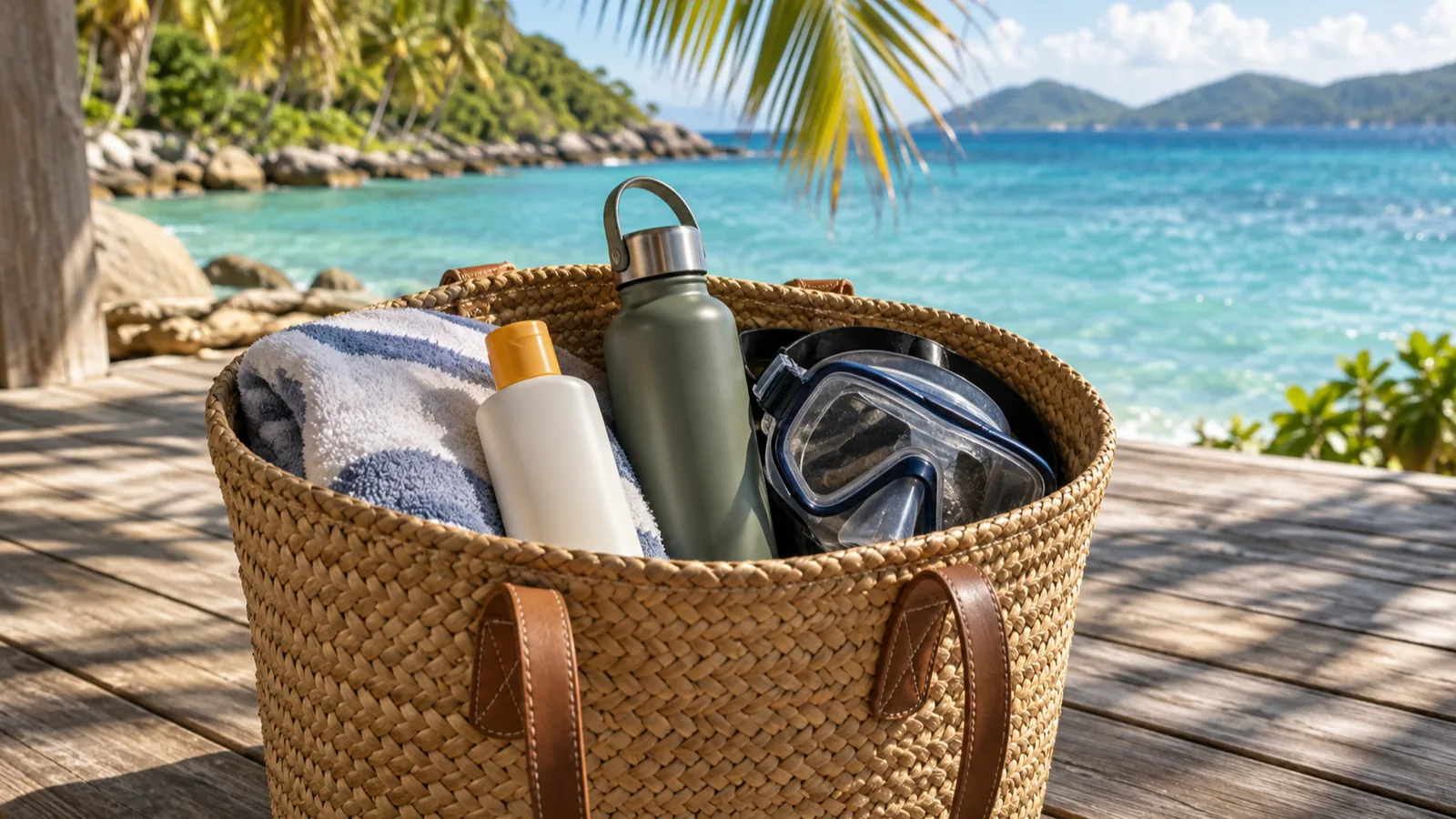 A woven beach bag with sunscreen, a water bottle, a snorkel mask and a towel on a deck by a turquoise sea