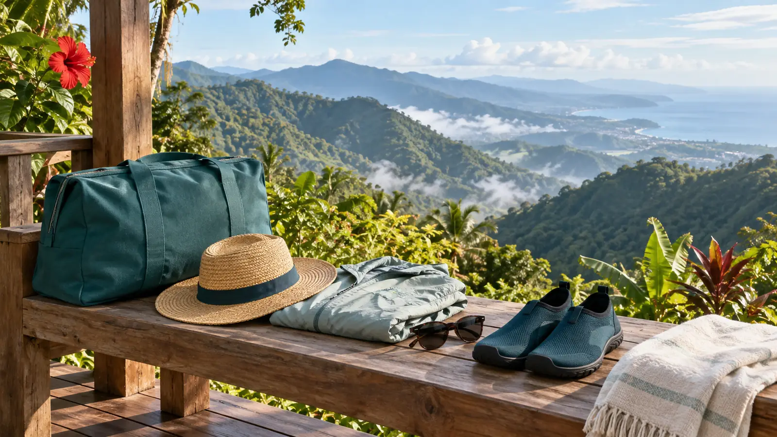 What to pack for Jamaica: a teal weekender bag, straw sun hat, light rain jacket, sunglasses and water shoes on a veranda bench above the misty Blue Mountains, with the coast beyond