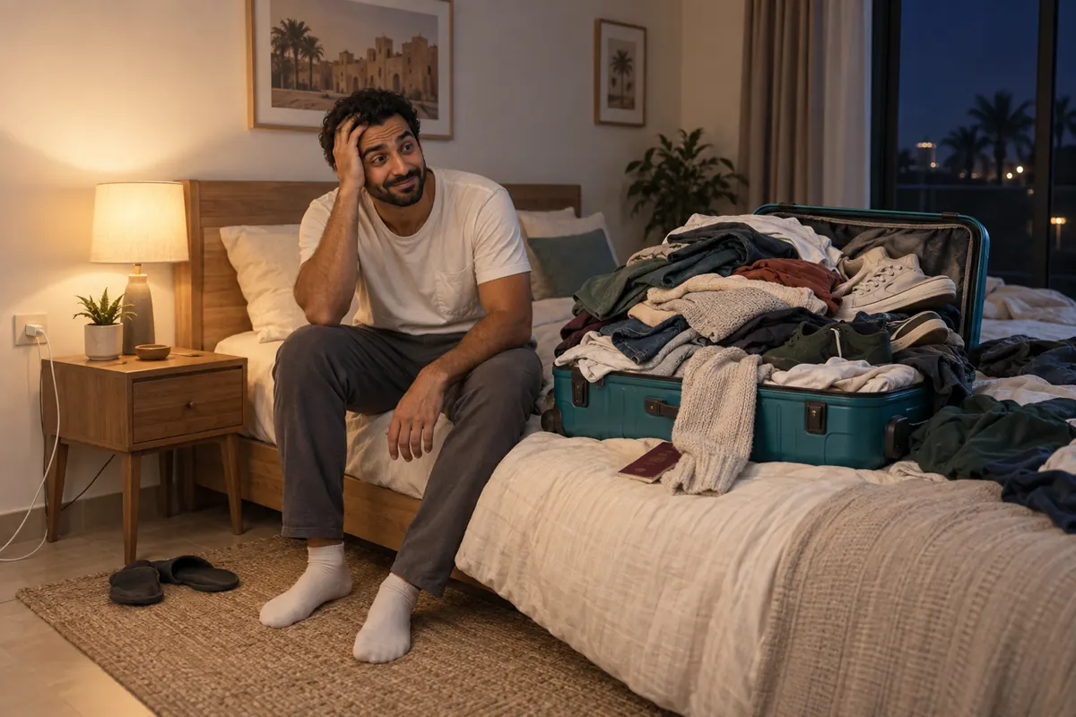 Late at night, a man sits on his bed beside an overflowing teal suitcase, with his phone charger still plugged into the wall