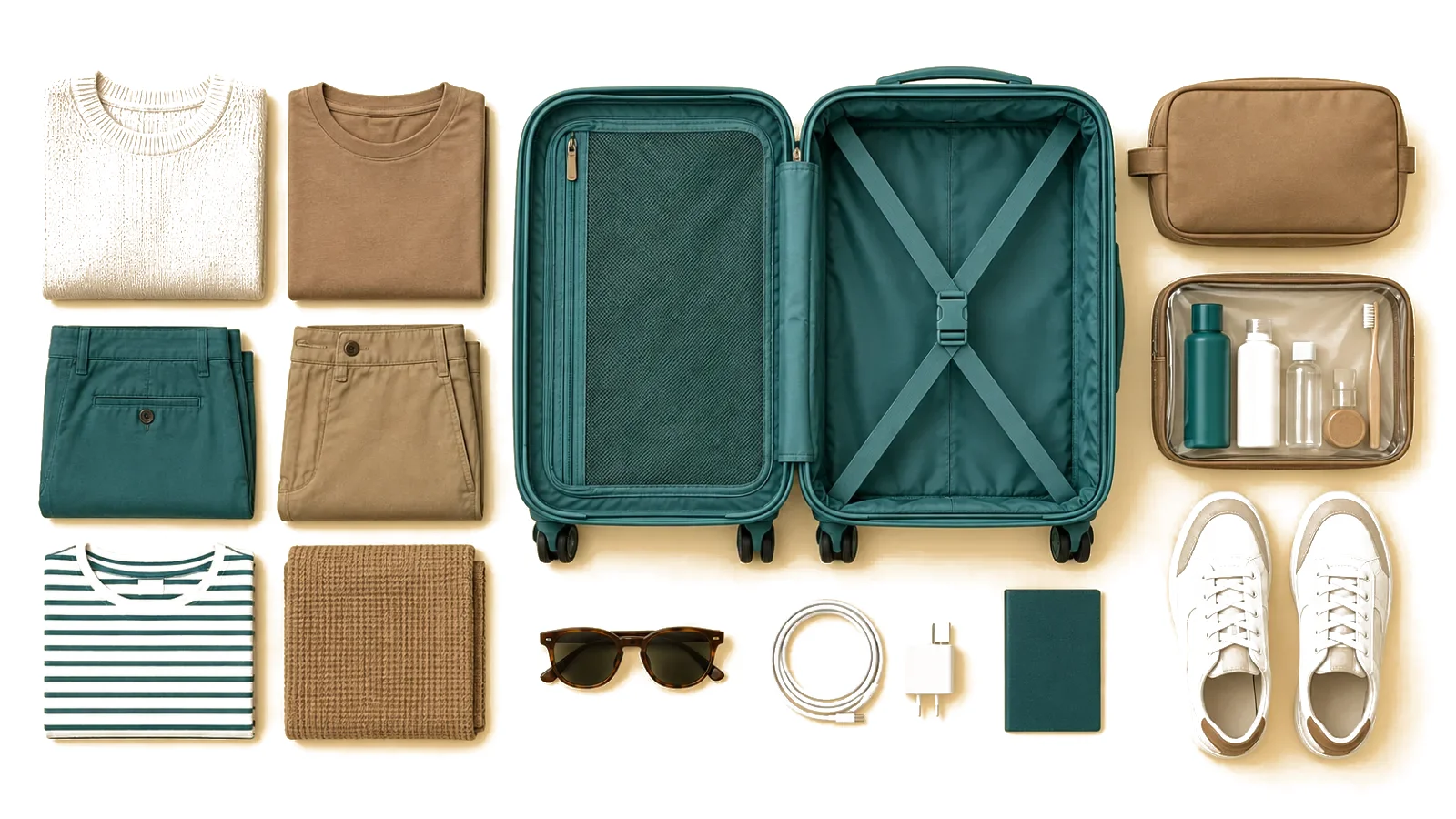 A neatly laid-out flat-lay of clothes, shoes, a charger and an open teal carry-on