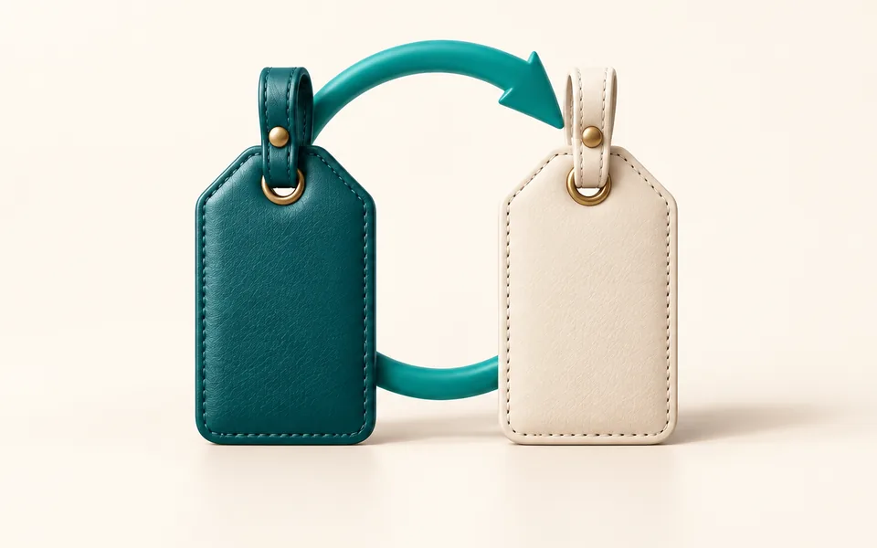 A teal luggage tag and a cream luggage tag joined by a looping arrow