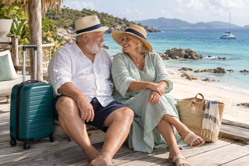 An older couple in sun hats relaxing on a deck by a turquoise beach with a teal suitcase