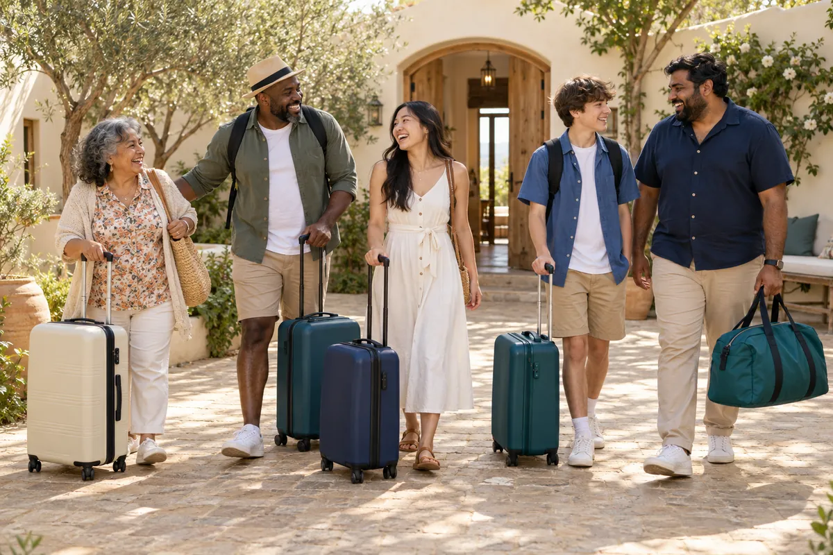A happy group of friends and family of different ages arriving at a sunny holiday house with teal and cream suitcases